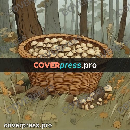 Retro cartoon drawing: basket of mushrooms in a wood