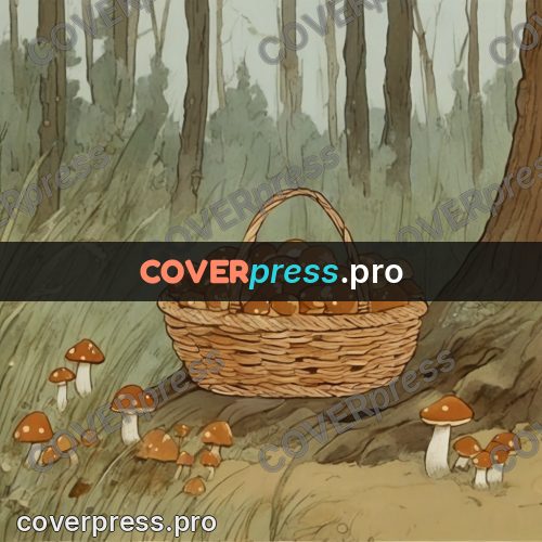 Retro cartoon drawing: basket of mushrooms in a wood
