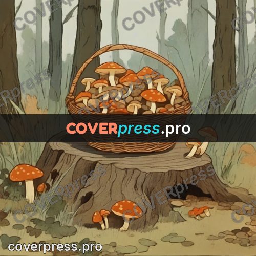 Retro cartoon drawing: basket of mushrooms in a wood