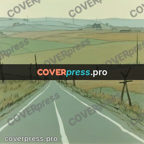 Retro cartoon drawing: road with poles across fields