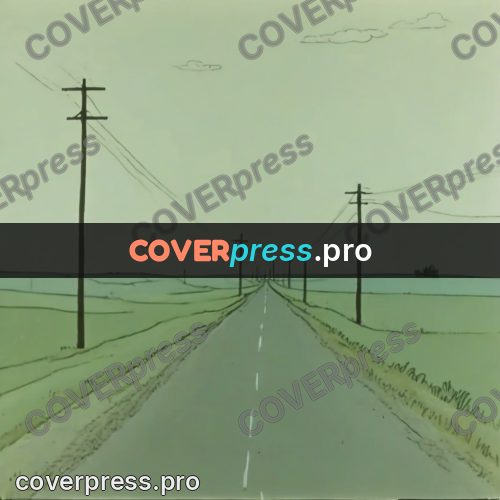 Retro cartoon drawing: road with poles across fields