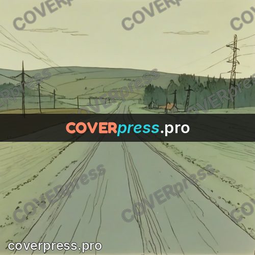 Retro cartoon drawing: road with poles across fields
