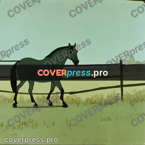 Retro cartoon drawing: horse by a field fence