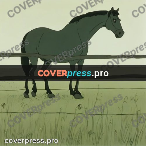 Retro cartoon drawing: horse by a field fence