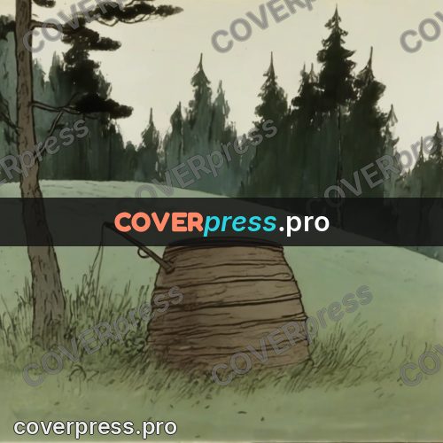 Retro cartoon drawing: wooden well in a field