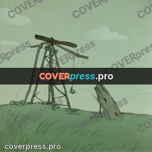 Retro cartoon drawing: wooden well in a field