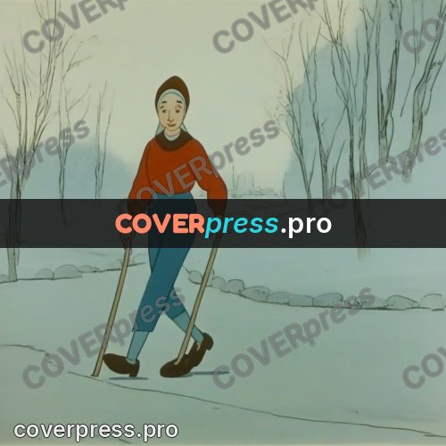 Retro cartoon drawing: woman on a winter road