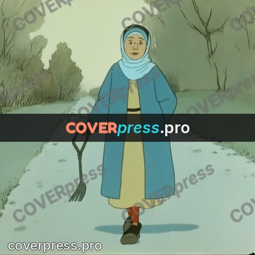 Retro cartoon drawing: woman on a winter road