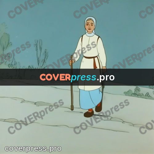 Retro cartoon drawing: woman on a winter road
