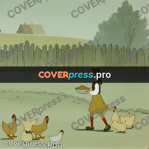 Retro cartoon drawing: hens by a wooden fence