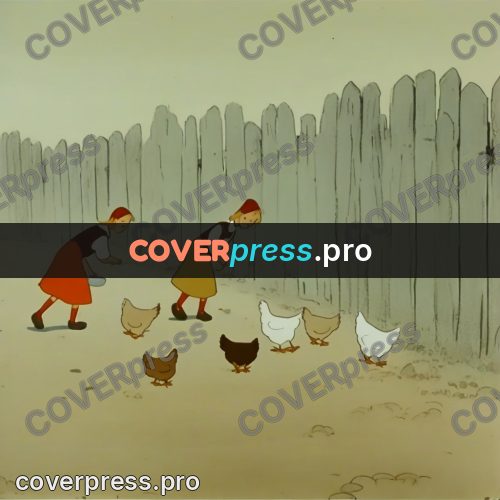 Retro cartoon drawing: hens by a wooden fence