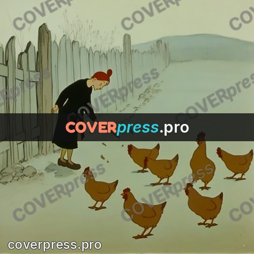 Retro cartoon drawing: hens by a wooden fence