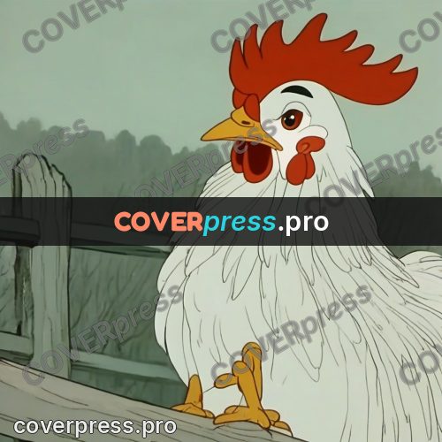 Retro cartoon drawing: rooster on a wooden rail