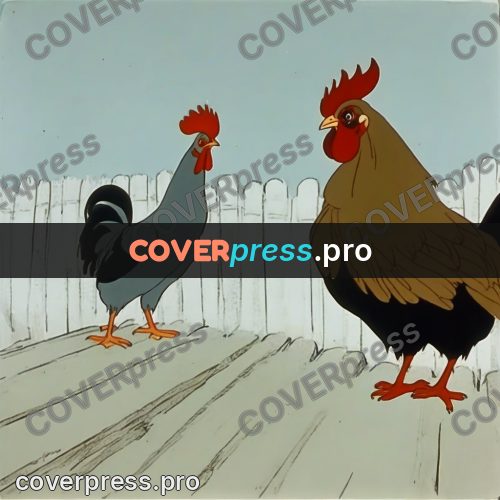 Retro cartoon drawing: rooster on a wooden rail