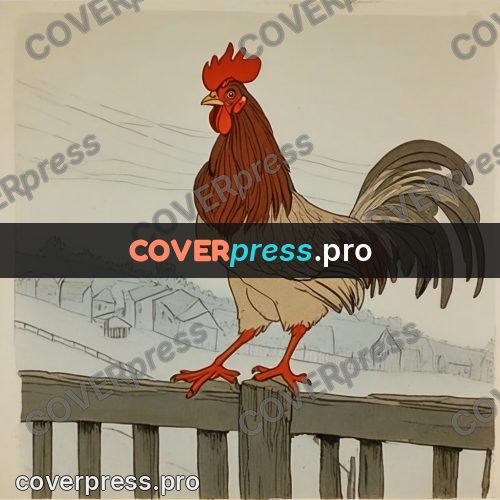 Retro cartoon drawing: rooster on a wooden rail
