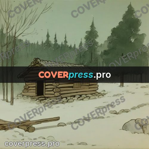 Retro cartoon drawing: log buildings by the forest