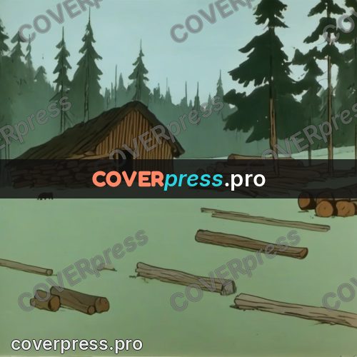 Retro cartoon drawing: log buildings by the forest