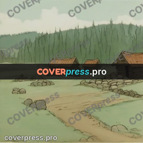 Retro cartoon drawing: log buildings by the forest