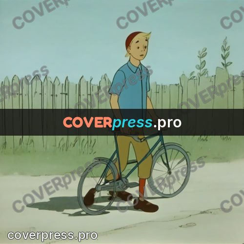 Retro cartoon drawing: boy with a bicycle