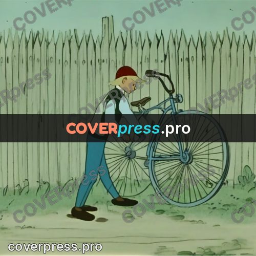 Retro cartoon drawing: boy with a bicycle