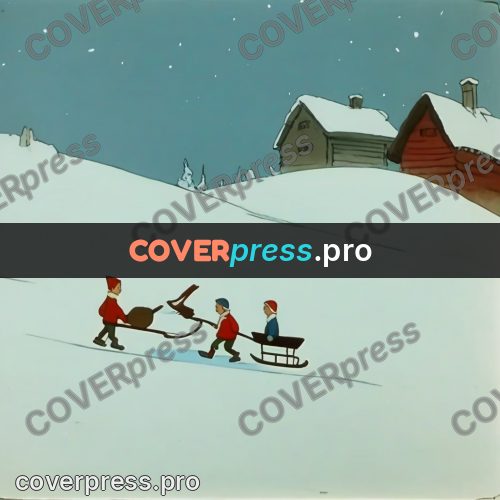 Retro cartoon drawing: children with a sled in snow