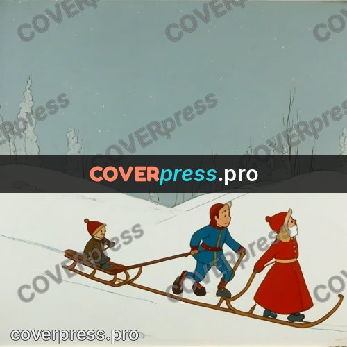 Retro cartoon drawing: children with a sled in snow