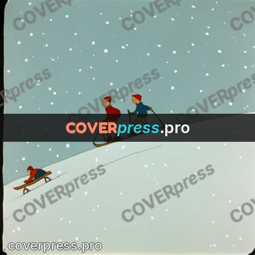 Retro cartoon drawing: children with a sled in snow