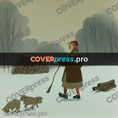 Retro cartoon drawing: woman with firewood in winter
