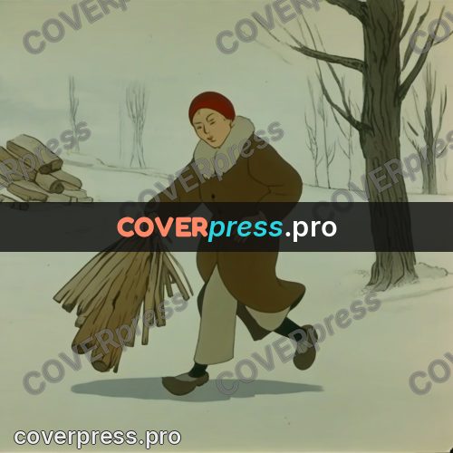 Retro cartoon drawing: woman with firewood in winter