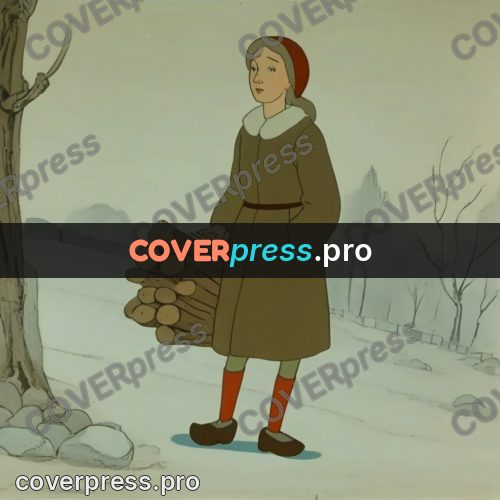 Retro cartoon drawing: woman with firewood in winter