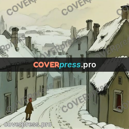 Retro cartoon drawing: snowy town with white roofs