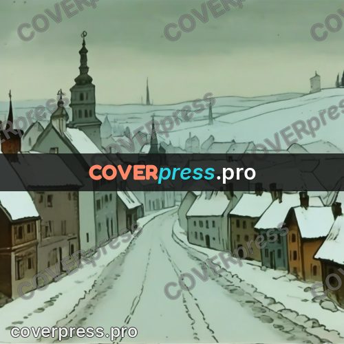 Retro cartoon drawing: snowy town with white roofs