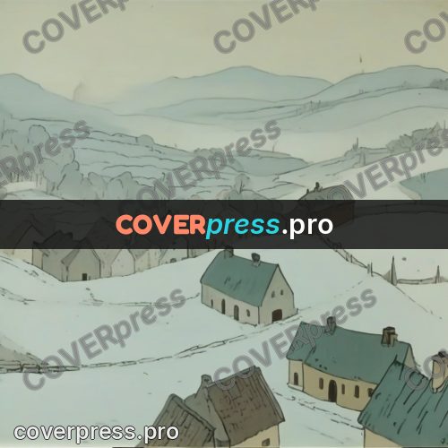 Retro cartoon drawing: snowy town with white roofs