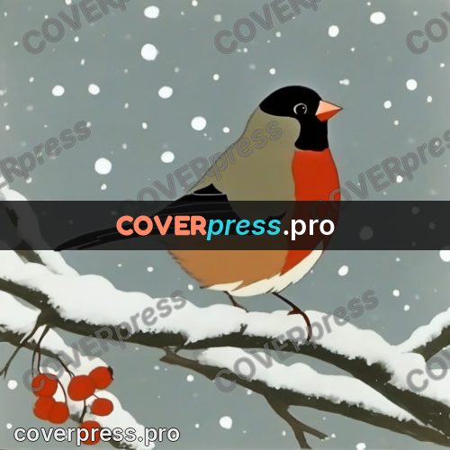 Retro cartoon drawing: bullfinch on a snowy branch