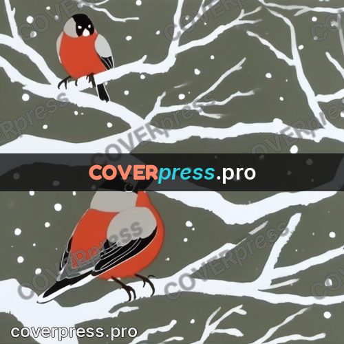 Retro cartoon drawing: bullfinch on a snowy branch