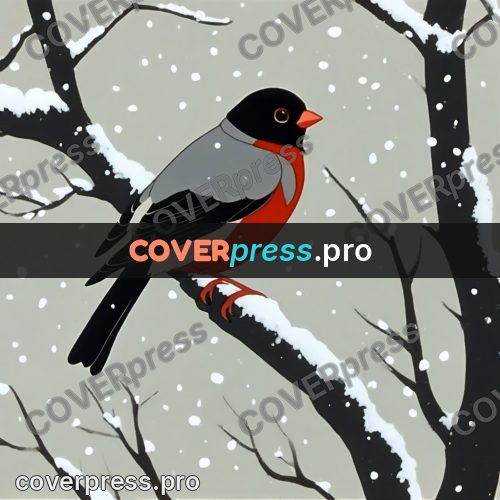 Retro cartoon drawing: bullfinch on a snowy branch