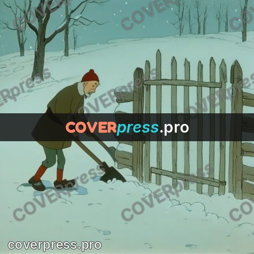 Retro cartoon drawing: old man by a winter gate