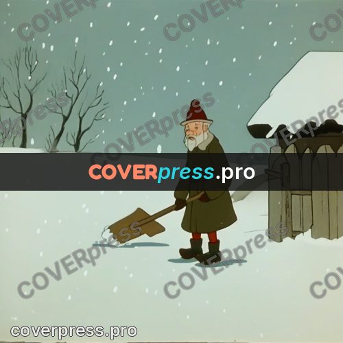 Retro cartoon drawing: old man by a winter gate