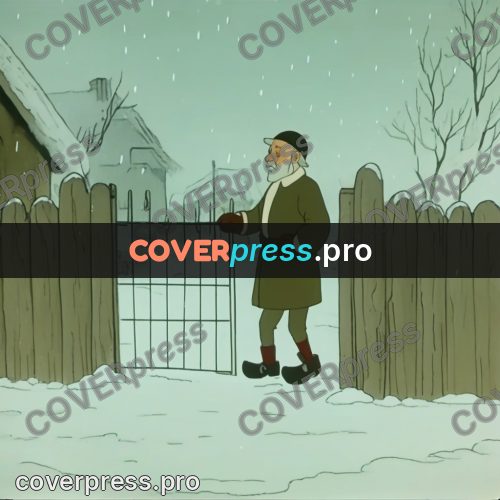 Retro cartoon drawing: old man by a winter gate