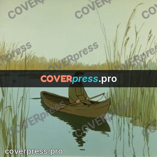 Retro cartoon drawing: man in a boat among reeds