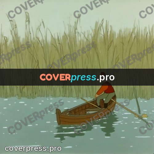 Retro cartoon drawing: man in a boat among reeds