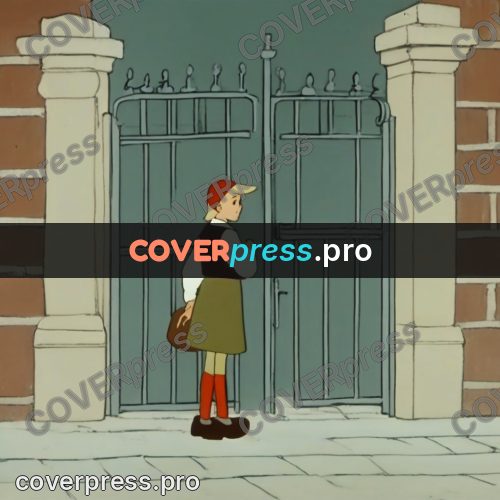 Retro cartoon drawing: boy at an iron gate