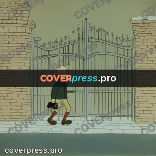 Retro cartoon drawing: boy at an iron gate