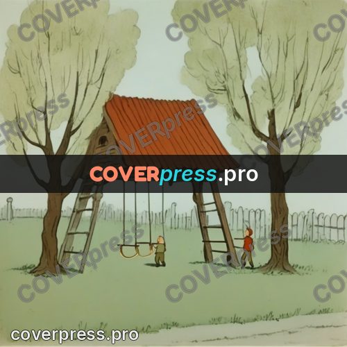 Retro cartoon drawing: children on a garden swing