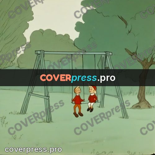 Retro cartoon drawing: children on a garden swing