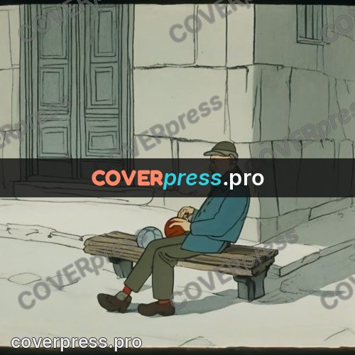 Retro cartoon drawing: old man on a wooden bench
