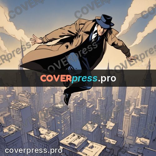 Pop art illustration: detective leaping over the city