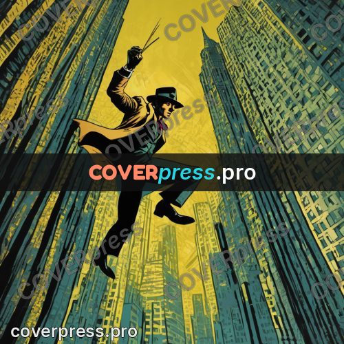 Pop art illustration: figure leaping between buildings