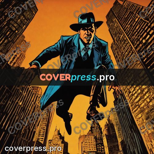 Pop art illustration: figure leaping between buildings