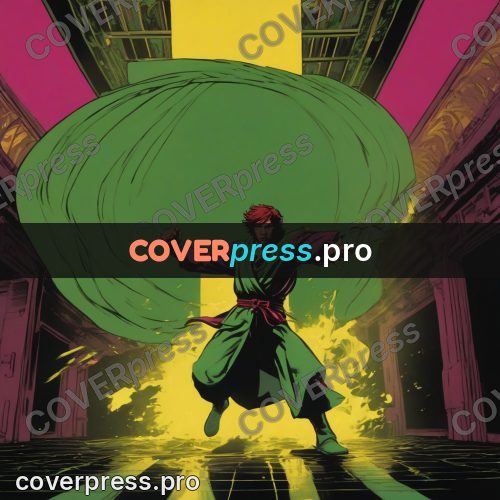 Pop art illustration: figure in green on a stage